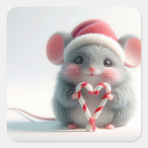 Kerstmuis met snoepriet hart vierkante sticker