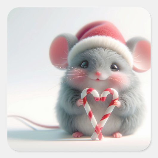 Kerstmuis met snoepriet hart vierkante sticker (Voorkant)