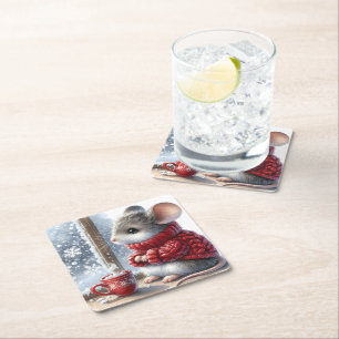 Kerstmuis met stomen hete cacao kartonnen onderzetters