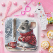 Kerstmuis met stomen hete cacao papieren bordje (Feest)