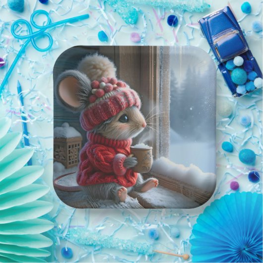 Kerstmuis met stomen hete cacao papieren bordje (Feest)