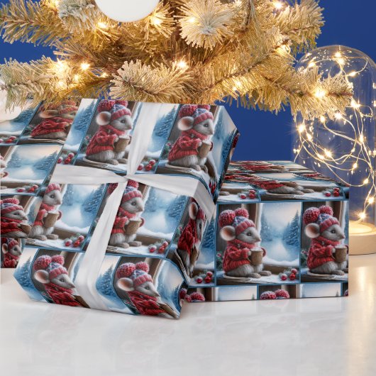 Kerstmuis met warme cacao cadeaupapier (Feestdagen)