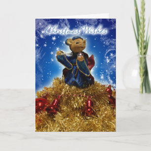 Kerstmuis op klatergoud, klokken en kerstballen feestdagen kaart