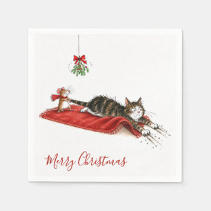 Kerstmuis sleept een kat onder de mistletoe servet