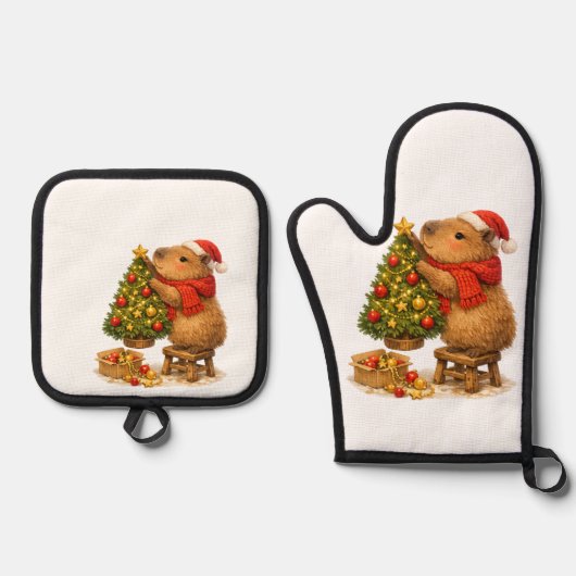 Kerstmuts Capybara Versiert Boom Ovenwant & Pannenlap Set (Voorkant)