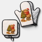 Kerstmuts Capybara Versiert Boom Ovenwant & Pannenlap Set (Voorkant / Achterkant)
