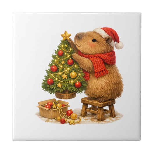 Kerstmuts Capybara Versiert Boom Tegeltje (Voorkant)