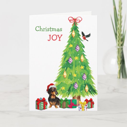 Kerstmuts Dachshund-hond en kerstboom Feestdagen Kaart (Voorkant)