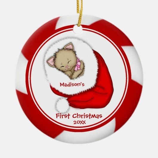 Kerstmuts Kitten Baby's Eerste Kerstmis Versiering Keramisch Ornament (Voorkant)