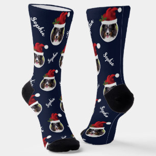 Kerstmuts Met Aangepaste Foto En Naam Op Blauw Sokken