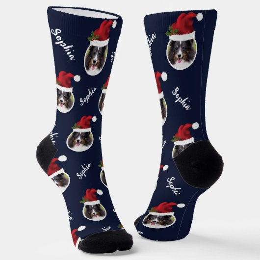 Kerstmuts Met Aangepaste Foto En Naam Op Blauw Sokken (Gebogen)
