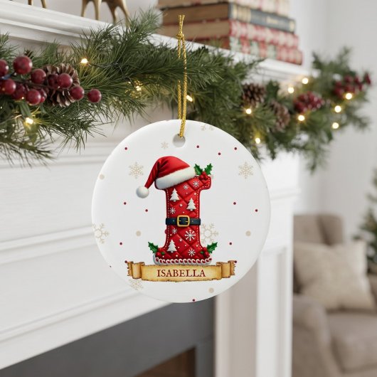 Kerstmuts Rode Kerst Letter I Naam Keramisch Ornament
