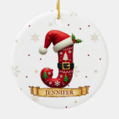 Kerstmuts Rode Kerst Letter J Naam Keramisch Ornament (Achterkant)