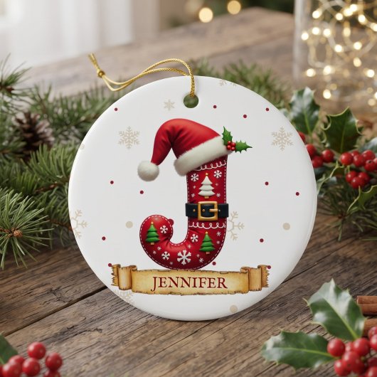 Kerstmuts Rode Kerst Letter J Naam Keramisch Ornament