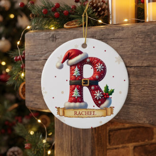 Kerstmuts Rode Kerst Letter R Naam Keramisch Ornament