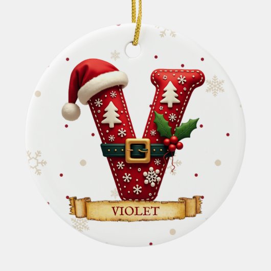 Kerstmuts Rode Kerst Letter V Naam Keramisch Ornament (Voorkant)