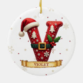Kerstmuts Rode Kerst Letter V Naam Keramisch Ornament (Achterkant)