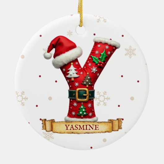 Kerstmuts Rode Kerst Letter Y Naam Keramisch Ornament (Achterkant)