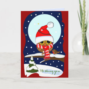 Kerstmuts, rode sjaal Uil & aangepaste tekst Kerst Feestdagen Kaart