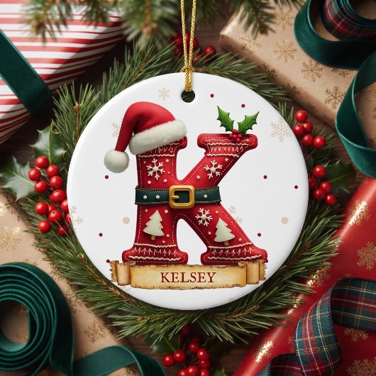 Kerstmuts Rood Kerst Letter K Naam Keramisch Ornament