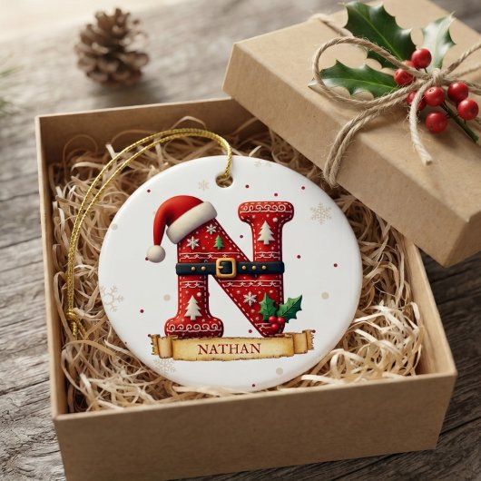 Kerstmuts Rood Kerst Letter N Naam Keramisch Ornament