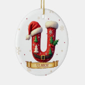 Kerstmuts Rood Kerst Letter U Naam Keramisch Ornament (Rechts)