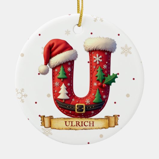 Kerstmuts Rood Kerst Letter U Naam Keramisch Ornament (Voorkant)