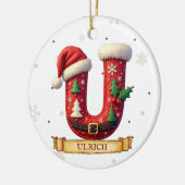 Kerstmuts Rood Kerst Letter U Naam Keramisch Ornament (Links)