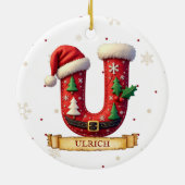 Kerstmuts Rood Kerst Letter U Naam Keramisch Ornament (Achterkant)