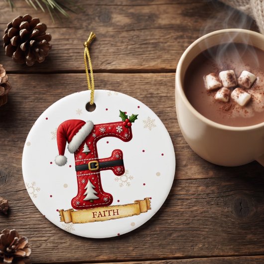 Kerstmuts Rood Kerstmis Letter F Naam Keramisch Ornament