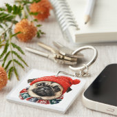 Kerstmuts schattige pug sleutelhanger (Voorkant Rechts)