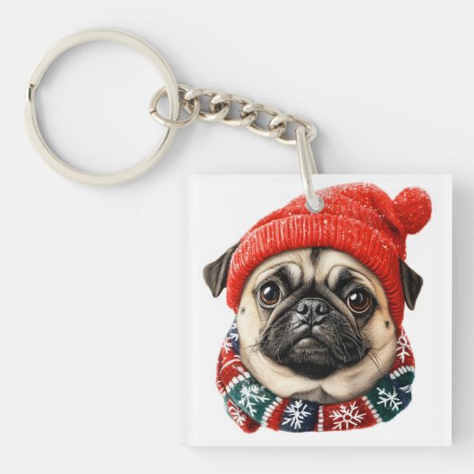 Kerstmuts schattige pug sleutelhanger (voorkant)