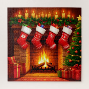 Kerstmutsen hangend boven warme open haard legpuzzel