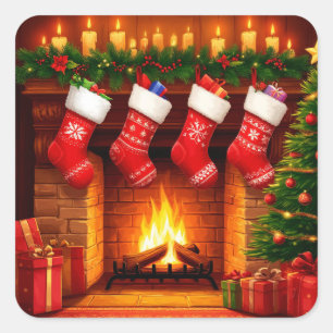 Kerstmutsen hangend boven warme open haard vierkante sticker