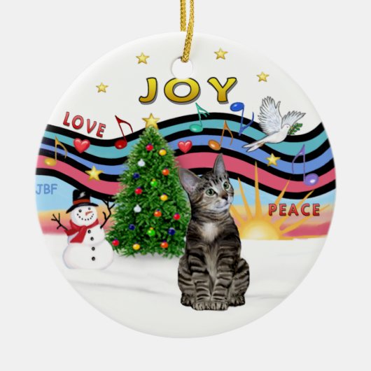 Kerstmuziek #1 - Bruine Tabby Tijgerkat Keramisch Ornament (Voorkant)