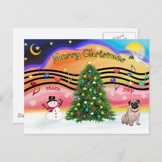Kerstmuziek 2 - Pug (fawn) Feestdagenkaart (Voorkant / Achterkant)