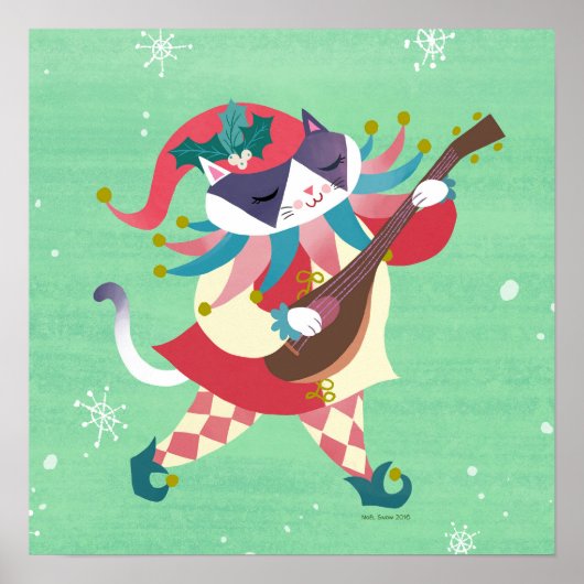 Kerstmuziek Elf Cat Art Print (Voorkant)