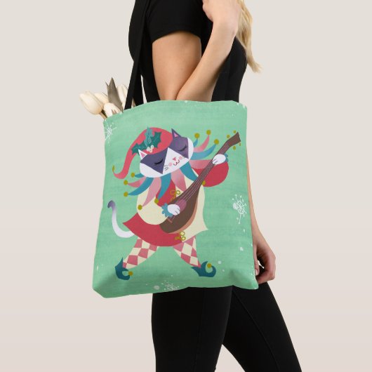Kerstmuziek Elf Cat Green Tote Bag (Dichtbij)