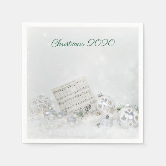 Kerstmuziek en ornamenten in sneeuw servet (Voorkant)