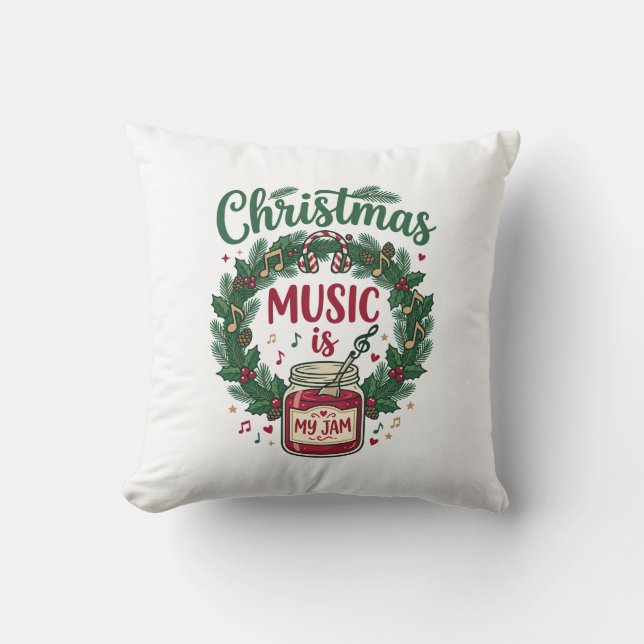 Kerstmuziek Is Jam Pot Dennengroen Krans Hoofdtele Kussen (Voorkant)