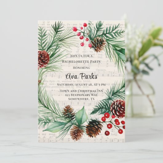 Kerstmuziek Red Berry Krans Bachelorette Kaart (Staand voorkant)