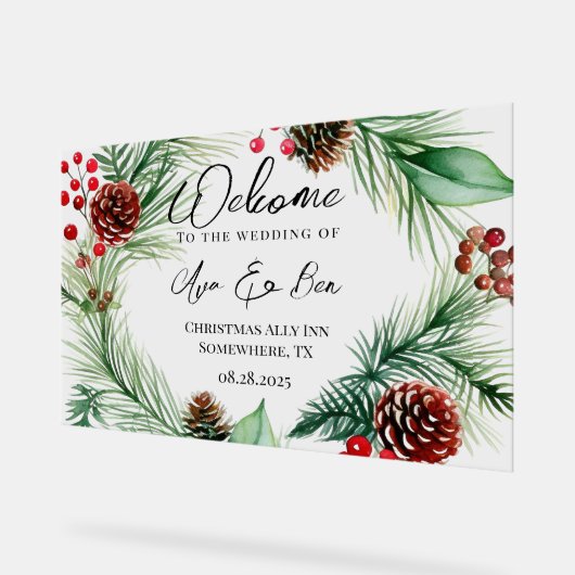 Kerstmuziek Rode Berry Krans Trouwen Acryl Bord (Hoek)