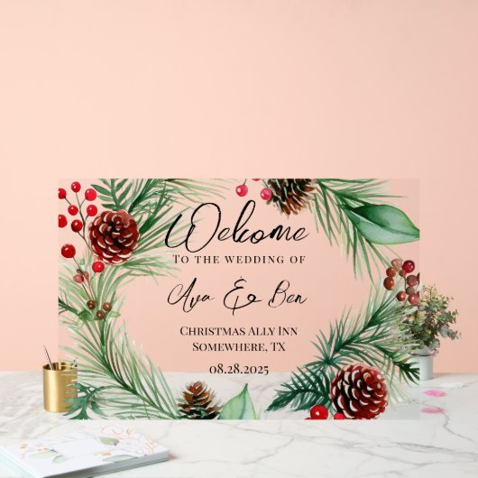 Kerstmuziek Rode Berry Krans Trouwen Acryl Bord (Huwelijk)