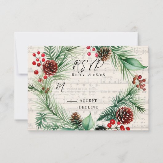 Kerstmuziek Rode Berry Krans Wedding RSVP Kaart (Voorkant)