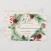 Kerstmuziek Rode Berry Krans Wedding RSVP Kaart (Voorkant / Achterkant)