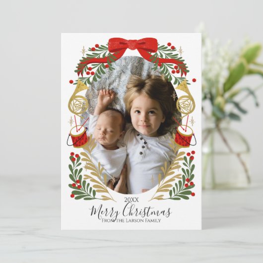 Kerstmuziekkaart met wieltjes aankondiging (Staand voorkant)