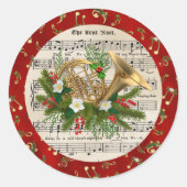 kerstMuzieknoten Franse Horn Red Ronde Sticker (Voorkant)