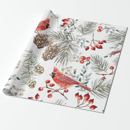 Kerstnaadloos patroon, kardinaalvogels, rood cadeaupapier (Uitgerold)