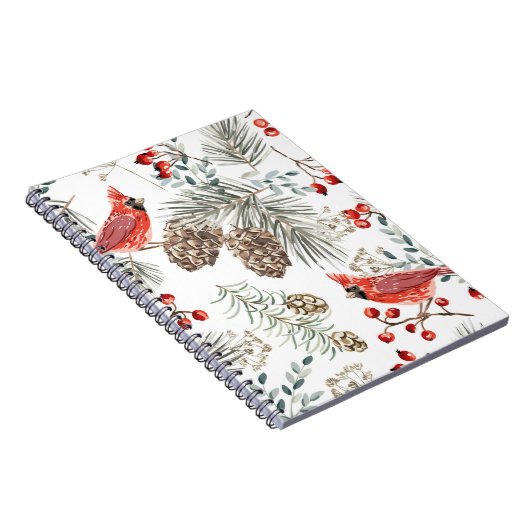 Kerstnaadloos patroon, kardinaalvogels, rood notitieboek (Rechterzijde)