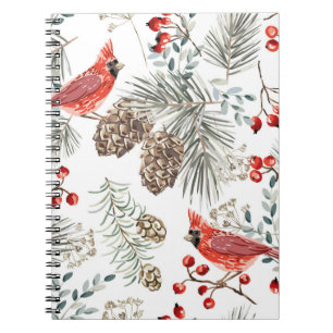 Kerstnaadloos patroon, kardinaalvogels, rood notitieboek